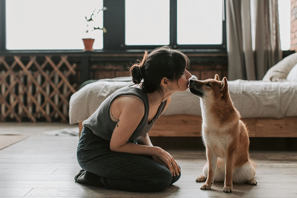 a woman helping your dog adjust to a new home by hugging and kissing them