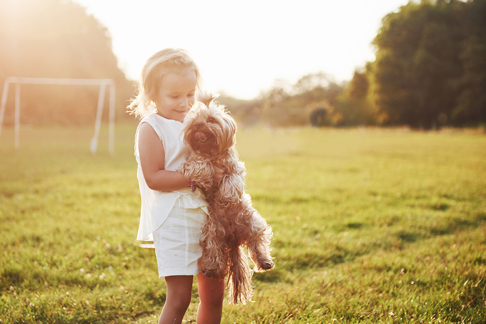 child loving her dog in the park